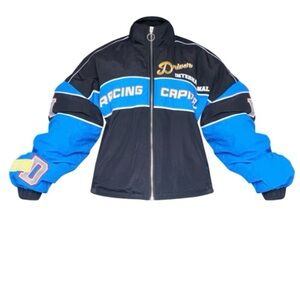 Petite Blue Graphic Zipped Racer Bomber Jacket